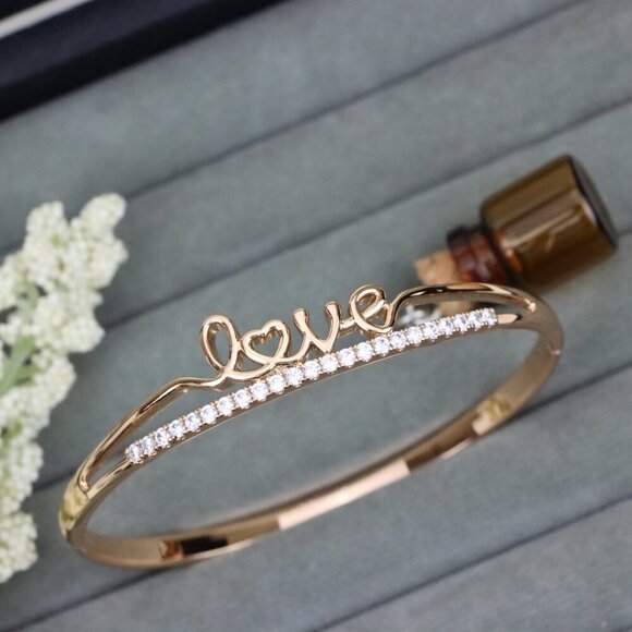 Rose Gold Love Text CZ Bangle – 2.36 Inch Elegant Romantic Style, XPBL0534 - Picture 1 of 12